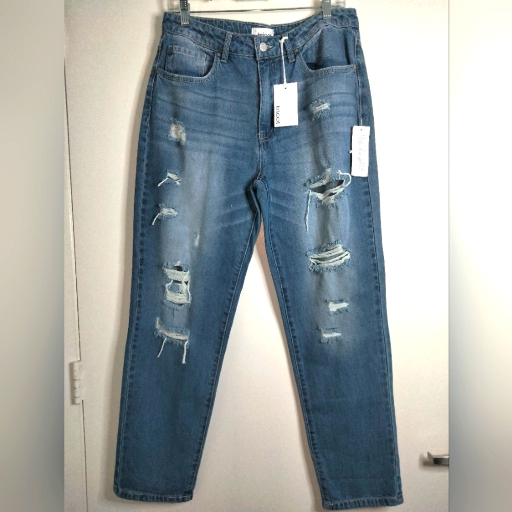 Tricot (Size L) Medium Wash Busted Knee Distressed Button Denim Jeans (NEW-NWT)